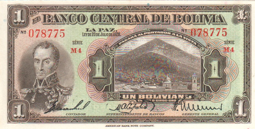 Bolivia, 1 Boliviano, 1930's.