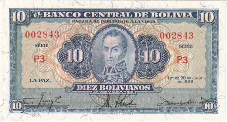 Bolivia, 10 Bolivianos, 1940's.