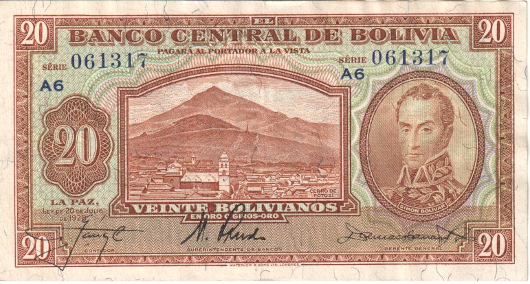 Bolivia, 20 Bolivianos, 1940's.