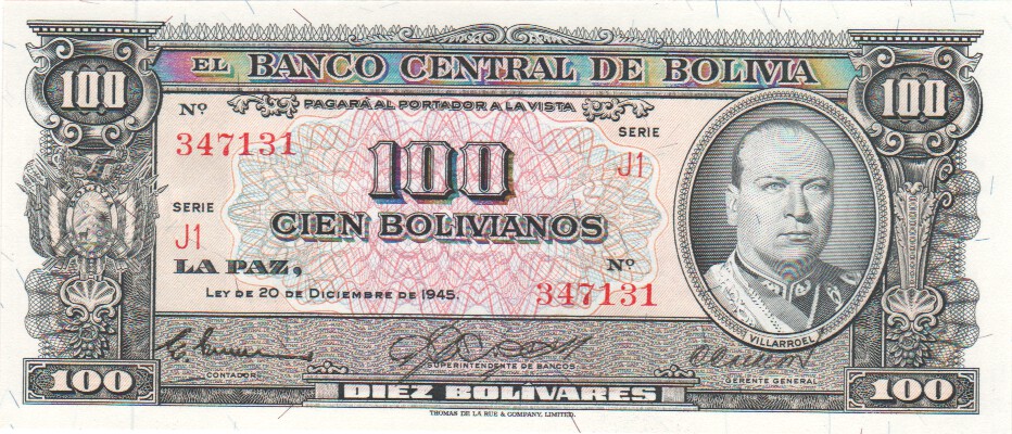 Bolivia, 100 Bolivianos, L.1945.