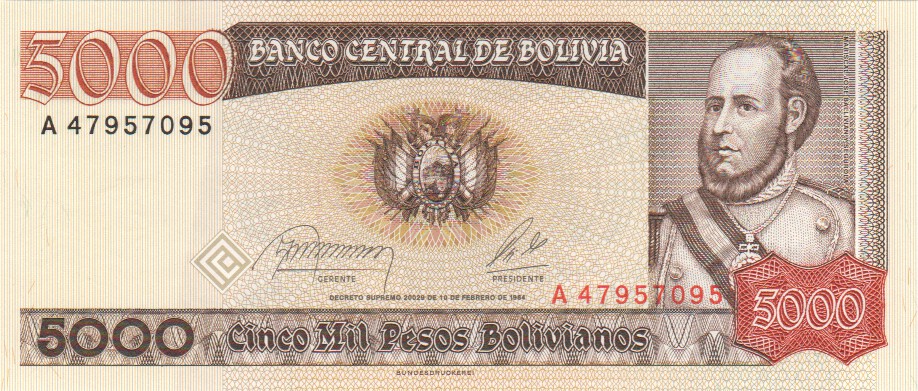 Bolivia, 5000 Pesos Bolivianos, 1984.