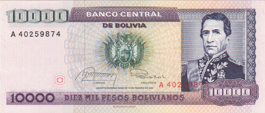 Bolivia, 10,000 Pesos Bolivianos, 1984.