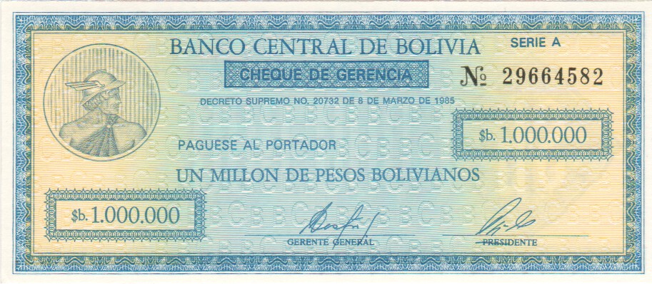Bolivia, 1,000,000 Pesos Bolivianos, 1985.