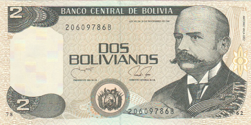 Bolivia, 2 Bolivianos, 1990.