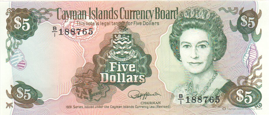 Cayman Islands, 5 Dollars, 1991