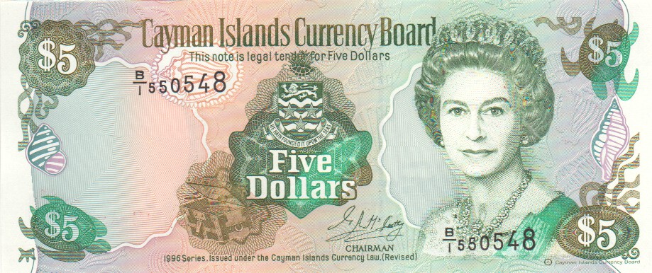 Cayman Islands, 5 Dollars, 1996