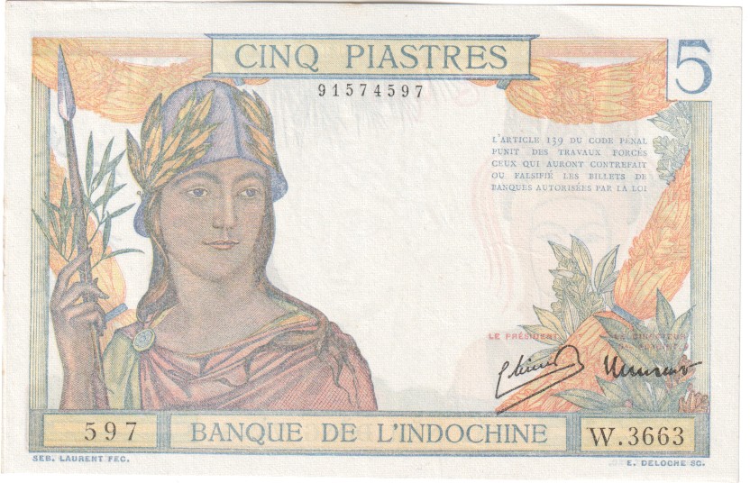 French Indochina, 5 Piastres, 1946