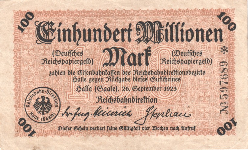 Reichsbahndirektion Halle, 100 Million Mark, 1923