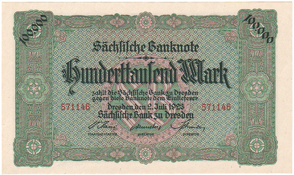 Die Sachsische Bank, 100,000 Mark, 1923