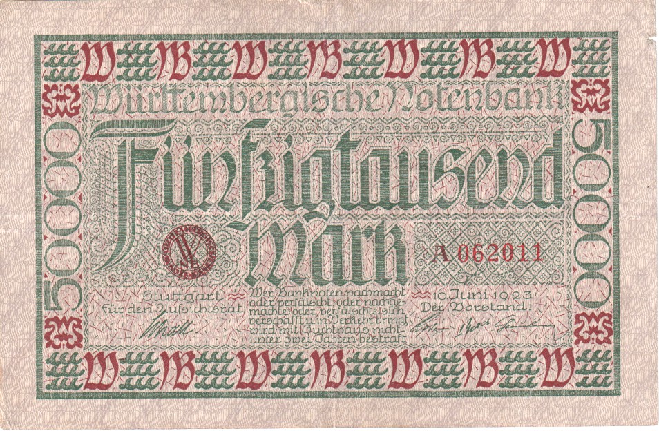 Wurttembergische Bank, 50,000 Mark, 1923