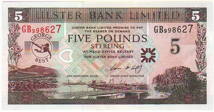 ULSTER bank LTD Belfast £5 five pound banknotes 2013 real currency of N Ireland 